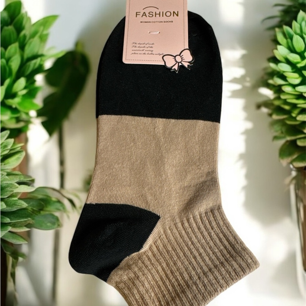 Black and Tan Ankle Socks with Color-Block Design